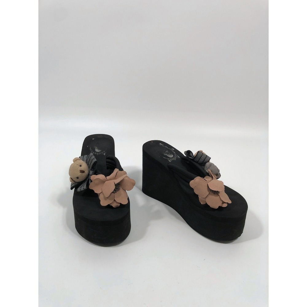 Y2K Platform Wedge Sandals Womens 8 Black Floral Whimsigoth Statement Maximalist